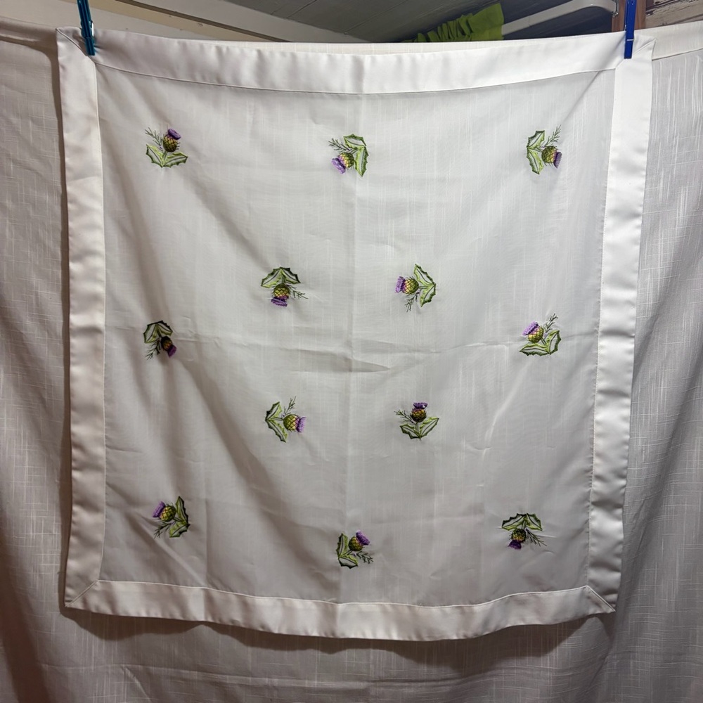 Embroidered white table square/cloth with Purple Thistles